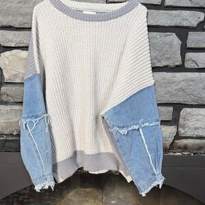 Adorable Colorblock Sweater with Denim Sleeves